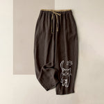 Buddha Stones Pure Cotton Whimsical Cat Pattern Women's Elastic Waist Pants With Pockets