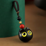 Buddha Stones Ebony Wood Cute Cat Grounding Hand Carved Peace Keychains