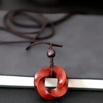 Buddha Stones Red Sandalwood Infinite Knot Eternity Rope Pendant Necklace