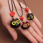 Buddha Stones Ebony Wood Red Sandalwood Lucky Cat Adjustable Balance Necklace