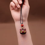 Buddha Stones Ebony Wood Red Sandalwood Lucky Cat Adjustable Balance Necklace
