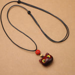 Buddha Stones Ebony Wood Red Sandalwood Lucky Cat Adjustable Balance Necklace
