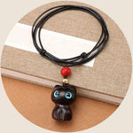 Buddha Stones Ebony Wood Red Sandalwood Cute Cat Calm Necklace