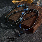 Buddha Stones Black Obsidian Protection Handcrafted Round Tassel 108 Bead Mala