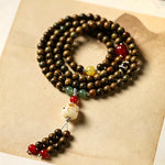 Buddha Stones Green Sandalwood Serenity Hand-Woven Cat Charm Retro Ethnic Mala