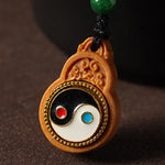 Buddha Stones Green Sandalwood Bagua Yin Yang Protection Gourd Phone Hanging Decoration