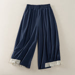Buddha Stones Summer Casual Vintage Solid Cropped Pants Women's Wide Leg Pants With Pocket