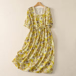 Buddha Stones Spring Summer Vintage Drawstring Floral Women's Short Sleeve Dresses With Pocket