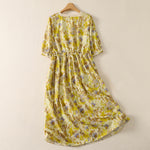 Buddha Stones Spring Summer Vintage Drawstring Floral Women's Short Sleeve Dresses With Pocket