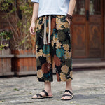 Buddha Stones Summer Boho Vintage Drawstring Floral Capri Pants Men's Straight Leg Pants With Pocket