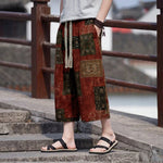 Buddha Stones Summer Boho Vintage Drawstring Floral Capri Pants Men's Straight Leg Pants With Pocket