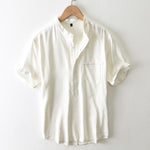 Buddha Stones Summer Casual Tang Style Mandarin Collar Button-Up Solid Men's Short Sleeve Shirts With Pocket