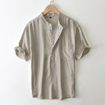 Buddha Stones Summer Casual Tang Style Mandarin Collar Button-Up Solid Men's Short Sleeve Shirts With Pocket