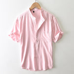 Buddha Stones Summer Casual Tang Style Mandarin Collar Button-Up Solid Men's Short Sleeve Shirts With Pocket