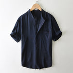 Buddha Stones Summer Casual Tang Style Mandarin Collar Button-Up Solid Men's Short Sleeve Shirts With Pocket