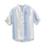 Buddha Stones Summer Casual Tang Style Mandarin Collar Striped Men's Short Sleeve Shirts