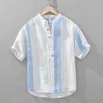 Buddha Stones Summer Casual Tang Style Mandarin Collar Striped Men's Short Sleeve Shirts
