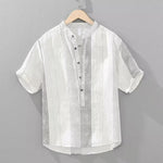 Buddha Stones Summer Casual Tang Style Mandarin Collar Striped Men's Short Sleeve Shirts