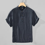 Buddha Stones Summer Tang Style Casual Mandarin Collar Button Up Solid Men's Short Sleeve Shirts