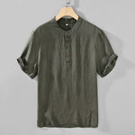 Buddha Stones Summer Tang Style Casual Mandarin Collar Button Up Solid Men's Short Sleeve Shirts