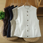 Buddha Stones Summer Tang Style Minimalist Mandarin Collar Button-Up Solid Women's Sleeveless Shirts Tank Top With Pocket