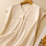 Buddha Stones Summer Casual Minimalist Button-Up Patch Pocket Solid Women's Sleeveless Shirts Tank Top With Pocket