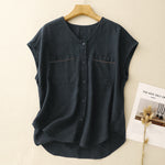 Buddha Stones Summer Casual Minimalist Button-Up Patch Pocket Solid Women's Sleeveless Shirts Tank Top With Pocket