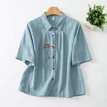 Buddha Stones Summer Casual Vintage Button-Up Embroidery Floral Women's Short Sleeve Shirts