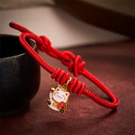 Buddha Stones Handmade Braided Red String Lucky Cat Bringing Good Fortune Fu Character Adjustable Bracelet