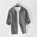 Buddha Stones Summer Casual Minimalist Button-Up Solid Cotton Linen Men's Short Sleeve Shirts With Pocket