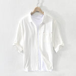 Buddha Stones Summer Casual Minimalist Button-Up Solid Cotton Linen Men's Short Sleeve Shirts With Pocket