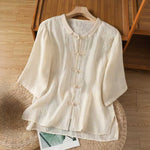 Buddha Stones Summer Tang Style Vintage Mandarin Collar Frog Button Embroidery Solid Women's Short Sleeve Shirts