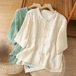 Buddha Stones Summer Tang Style Vintage Mandarin Collar Frog Button Embroidery Solid Women's Short Sleeve Shirts