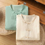Buddha Stones Summer Tang Style Vintage Mandarin Collar Frog Button Embroidery Solid Women's Short Sleeve Shirts