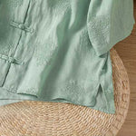 Buddha Stones Summer Tang Style Vintage Mandarin Collar Frog Button Embroidery Solid Women's Short Sleeve Shirts