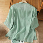 Buddha Stones Summer Tang Style Vintage Mandarin Collar Frog Button Embroidery Solid Women's Short Sleeve Shirts
