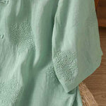 Buddha Stones Summer Tang Style Vintage Mandarin Collar Frog Button Embroidery Solid Women's Short Sleeve Shirts