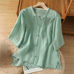 Buddha Stones Summer Tang Style Vintage Mandarin Collar Frog Button Embroidery Solid Women's Short Sleeve Shirts