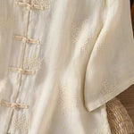 Buddha Stones Summer Tang Style Vintage Mandarin Collar Frog Button Embroidery Solid Women's Short Sleeve Shirts