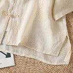 Buddha Stones Summer Tang Style Vintage Mandarin Collar Frog Button Embroidery Solid Women's Short Sleeve Shirts