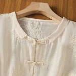 Buddha Stones Summer Tang Style Vintage Mandarin Collar Frog Button Embroidery Solid Women's Short Sleeve Shirts
