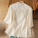 Buddha Stones Summer Tang Style Vintage Mandarin Collar Frog Button Embroidery Solid Women's Short Sleeve Shirts