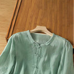 Buddha Stones Summer Tang Style Vintage Mandarin Collar Frog Button Embroidery Solid Women's Short Sleeve Shirts