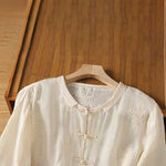 Buddha Stones Summer Tang Style Vintage Mandarin Collar Frog Button Embroidery Solid Women's Short Sleeve Shirts