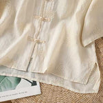 Buddha Stones Summer Tang Style Vintage Mandarin Collar Frog Button Embroidery Solid Women's Short Sleeve Shirts