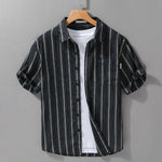 Buddha Stones Summer Casual Button Up Striped Cotton Men's Short Sleeve Shirts With Patch Pocket
