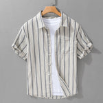 Buddha Stones Summer Casual Button Up Striped Cotton Men's Short Sleeve Shirts With Patch Pocket