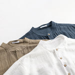 Buddha Stones Summer Tang Style Casual Mandarin Collar Half Button Solid Men's Short Sleeve Shirts With Patch Pocket