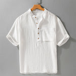 Buddha Stones Summer Tang Style Casual Mandarin Collar Half Button Solid Men's Short Sleeve Shirts With Patch Pocket
