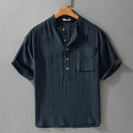 Buddha Stones Summer Tang Style Casual Mandarin Collar Half Button Solid Men's Short Sleeve Shirts With Patch Pocket